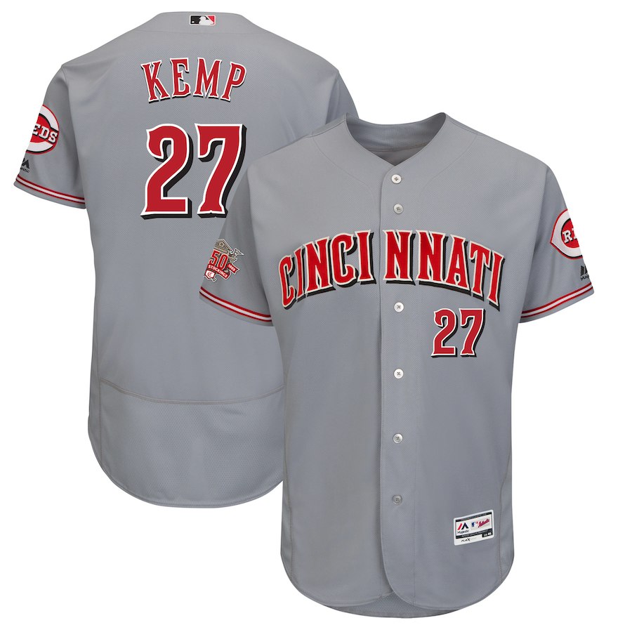 Men's Reds #27 Matt Kemp Majestic Gray 150th Anniversary Road Authentic Collection Flex Base Player Jersey