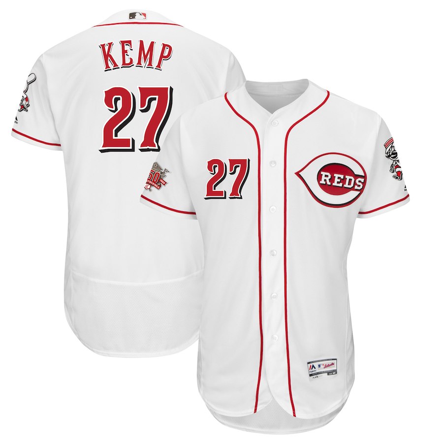 Men's Reds #27 Matt Kemp Majestic White 150th Anniversary Home Authentic Collection Flex Base Player Jersey - Click Image to Close