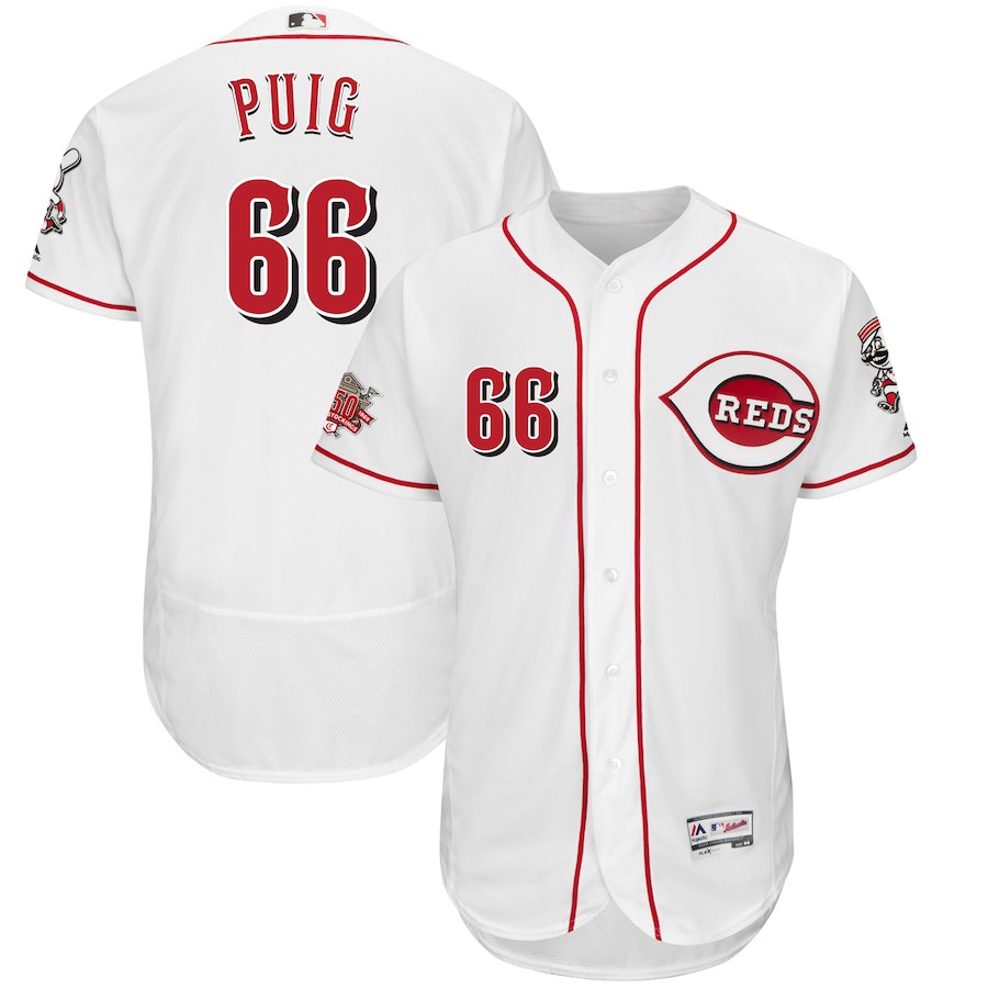 Men's Reds #66 Yasiel Puig Majestic White 150th Anniversary Home Authentic Collection Flex Base Player Jersey