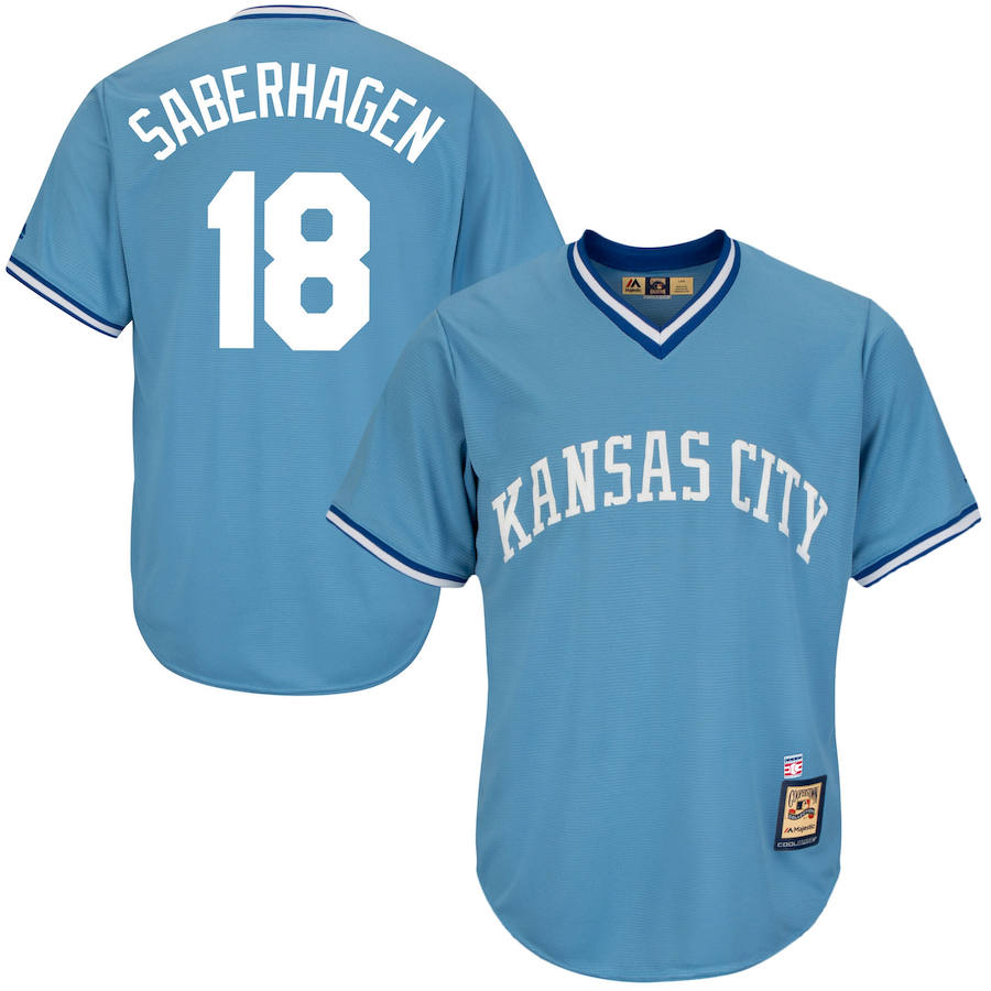 Kansas City Royals #18 Bret Saberhagen Majestic Cool Base Cooperstown Collection Player Jersey Blue - Click Image to Close