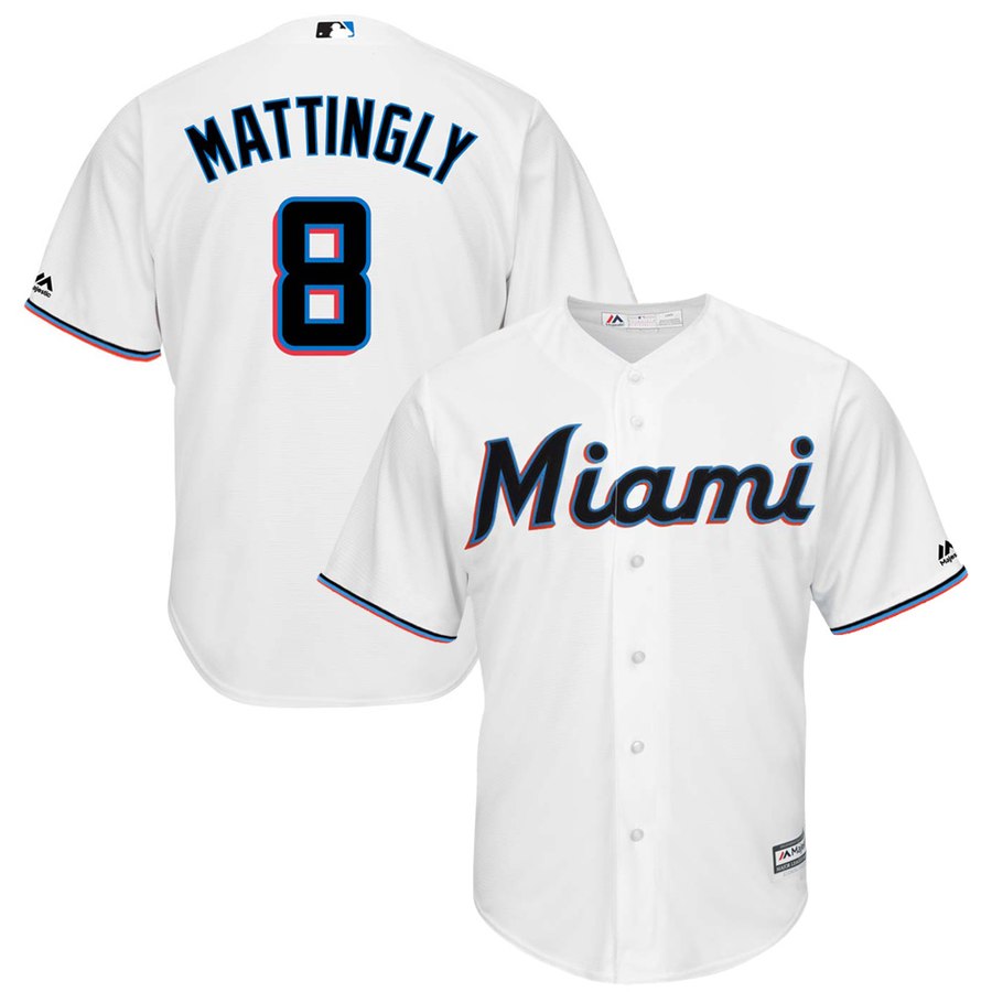 Miami Marlins #8 Don Mattingly Majestic Home 2019 Cool Base Player Jersey White - Click Image to Close