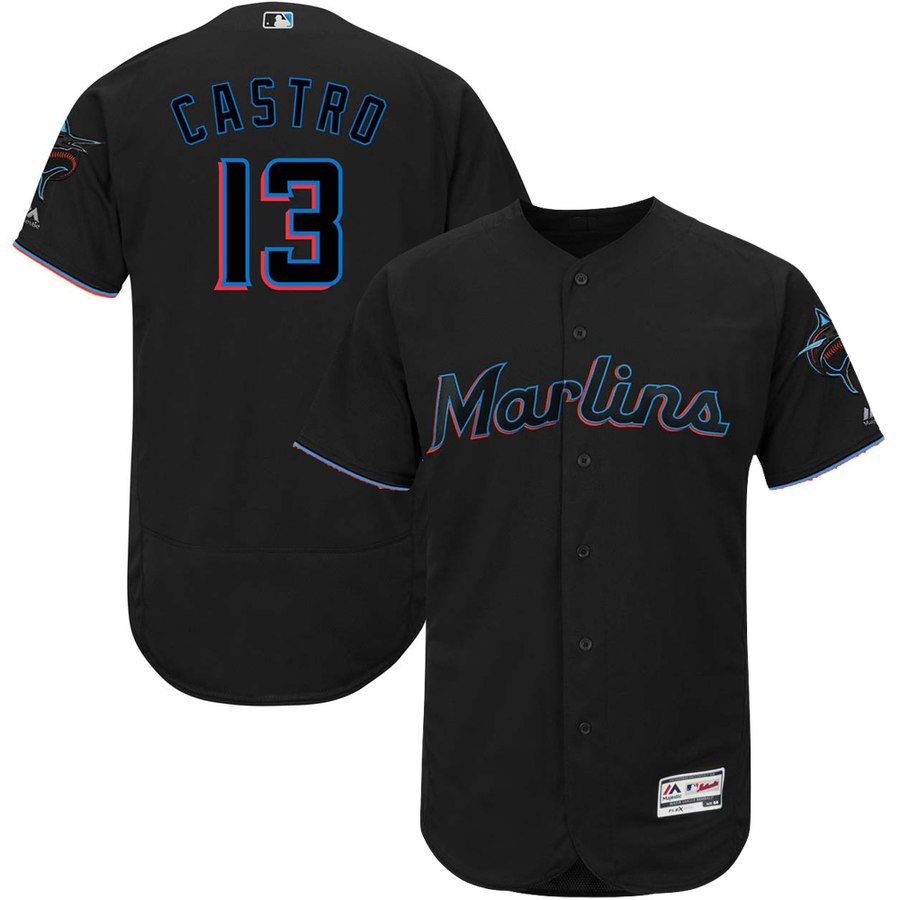 Miami Marlins #13 Starlin Castro Majestic Alternate 2019 Authentic Collection Flex Base Player Jersey Black