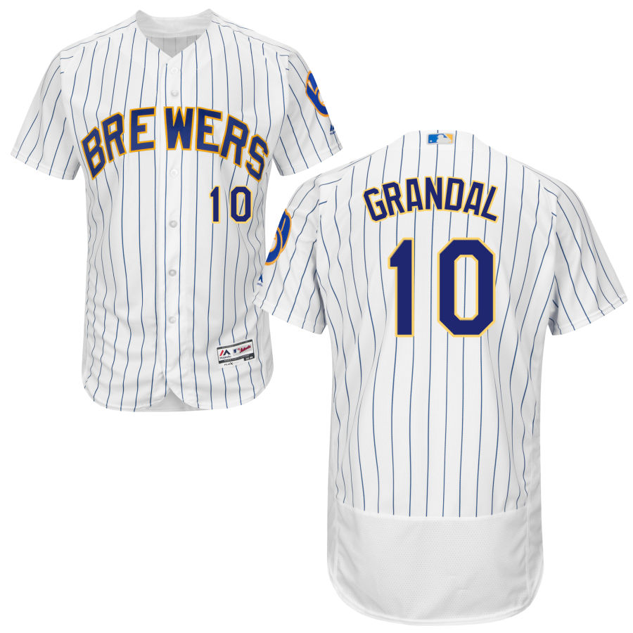 Milwaukee Brewers #10 Yasmani Grandal White Royal Flex Base Authentic Stitched MLB Jersey