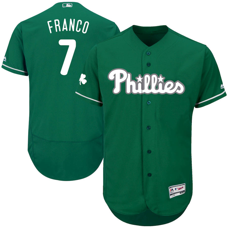 Philadelphia Phillies #7 Maikel Franco Majestic St. Patrick's Day Flex Base Authentic Collection Celtic Player Jersey Green - Click Image to Close