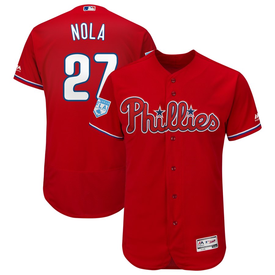 Phillies #27 Aaron Nola Red 2019 Spring Training Flex Base Stitched MLB Jersey