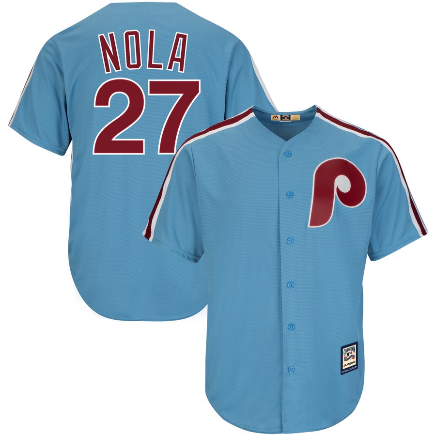 Philadelphia Phillies #27 Aaron Nola Majestic Alternate Official Cool Base Cooperstown Stitched MLB Jersey Light Blue - Click Image to Close