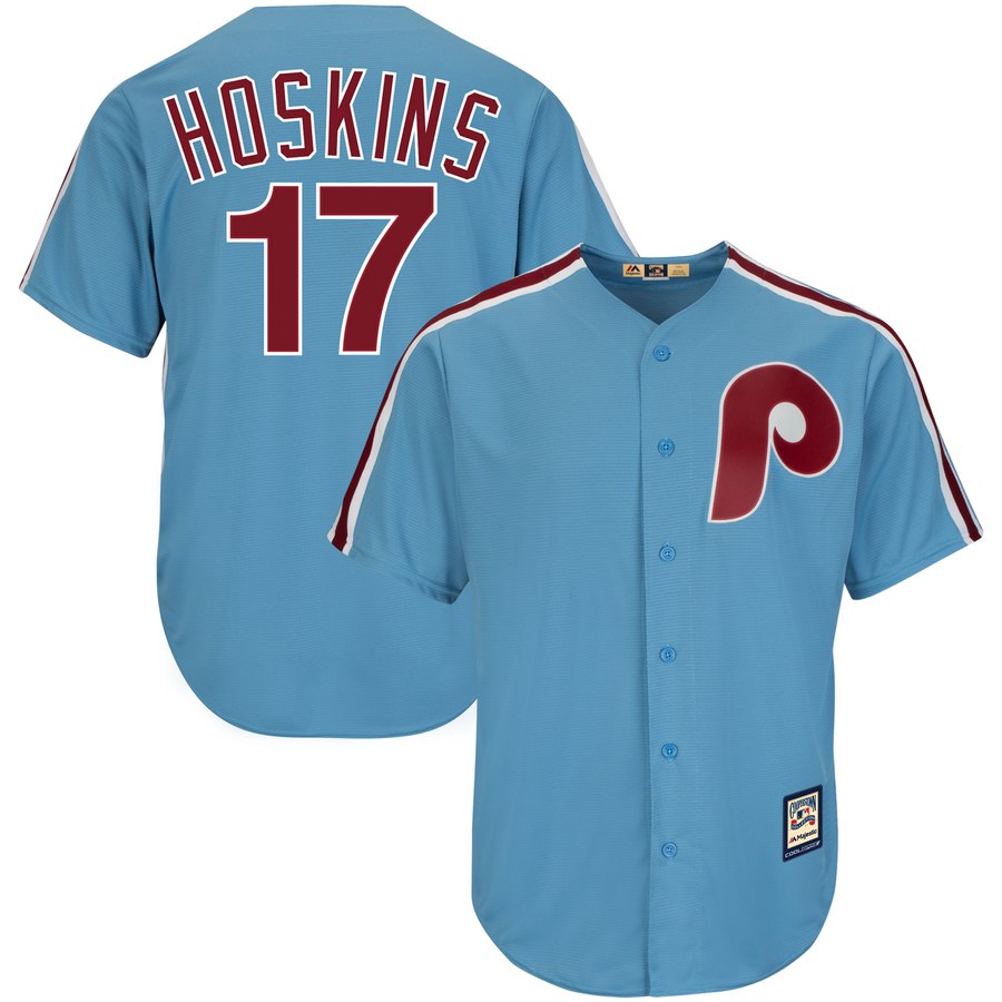 Philadelphia Phillies #17 Rhys Hoskins Majestic Alternate Official Cool Base Cooperstown Stitched MLB Jersey Light Blue - Click Image to Close