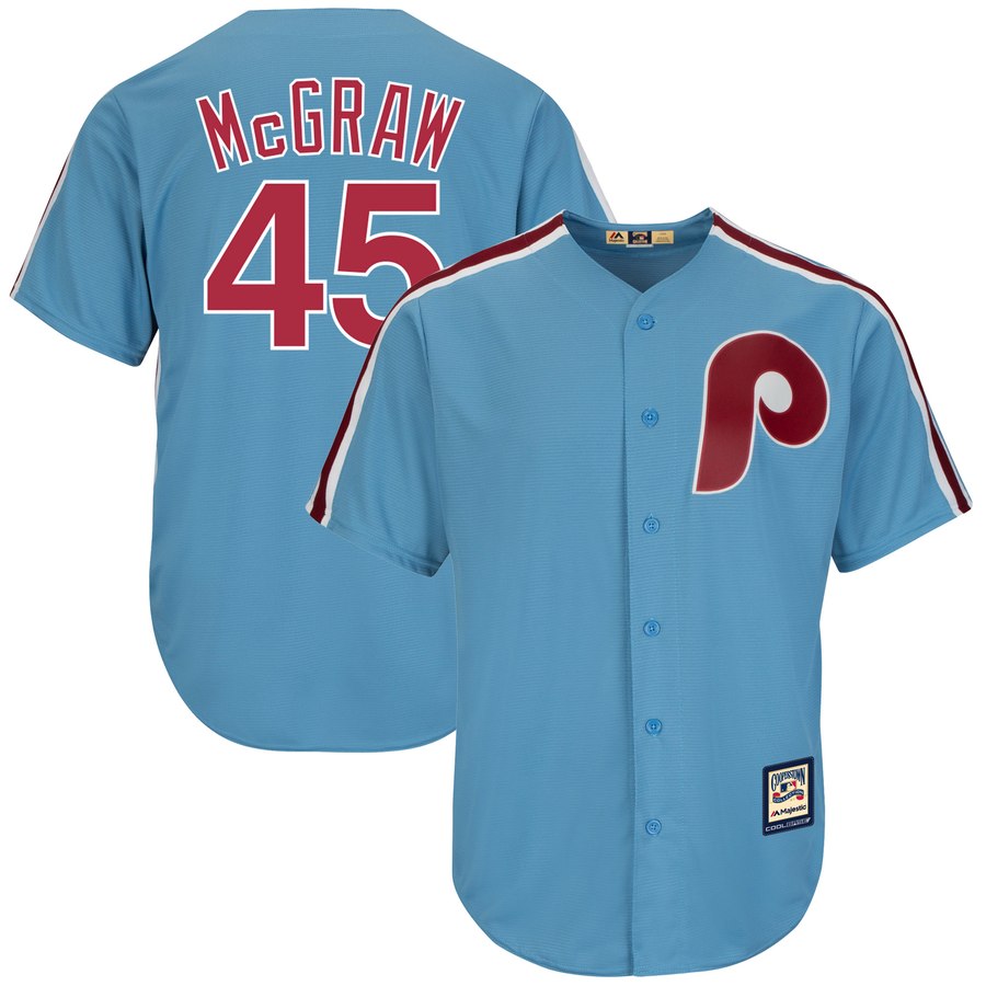 Philadelphia Phillies #45 Tug McGraw Majestic Cooperstown Collection Cool Base Player Jersey Light Blue