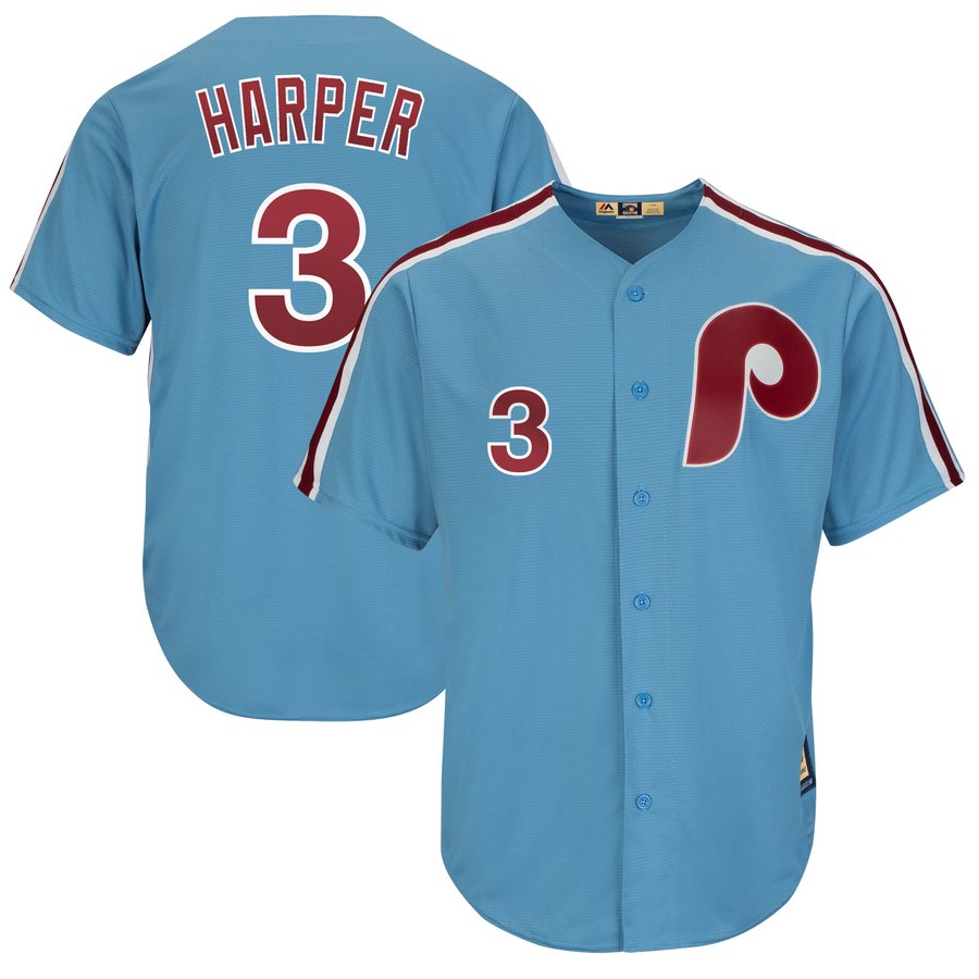 Philadelphia Phillies #3 Bryce Harper Majestic Cooperstown Collection Cool Base Player Jersey Light Blue