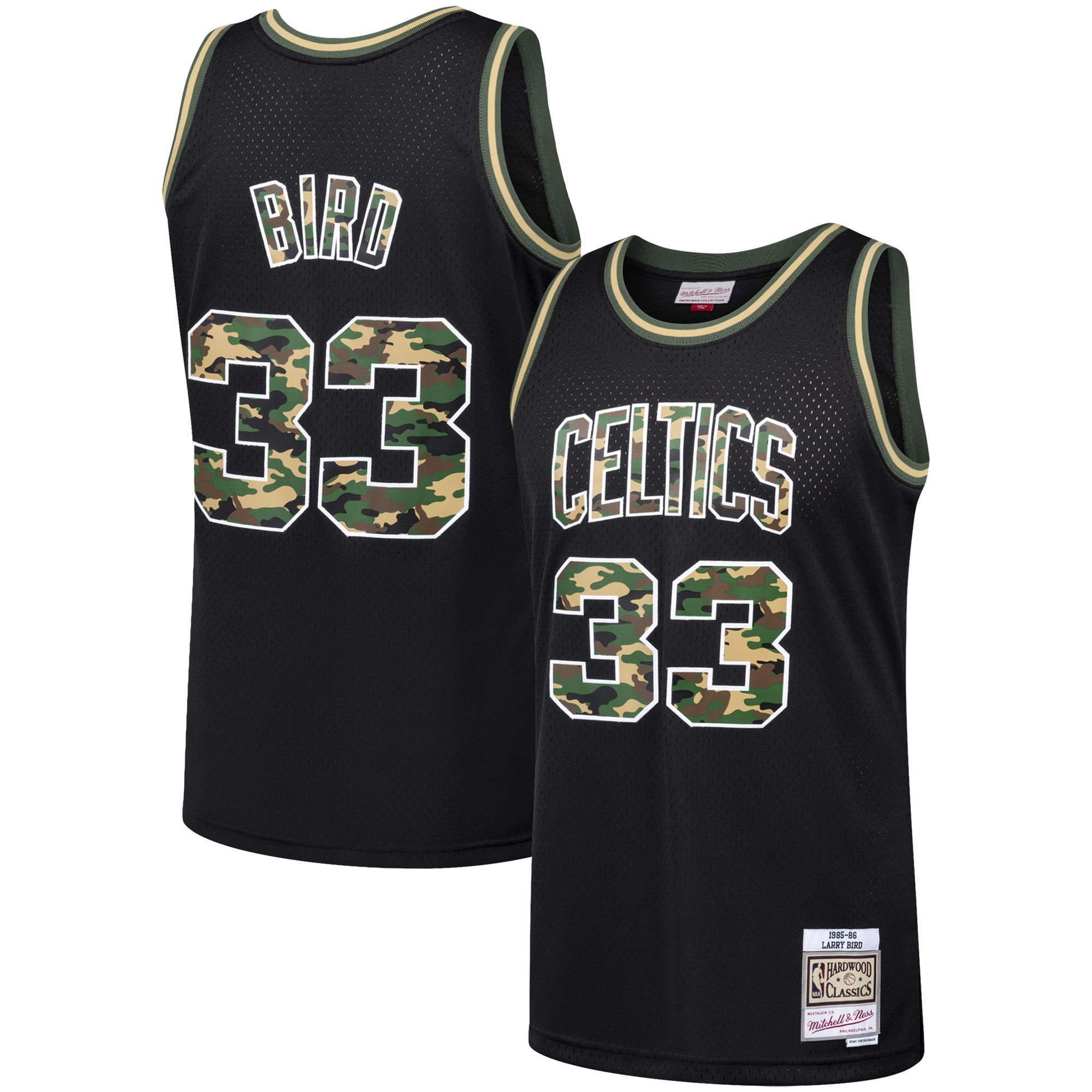 Celtics #33 Larry Bird Black Mitchell & Ness Straight Fire Camo Swingman Jersey