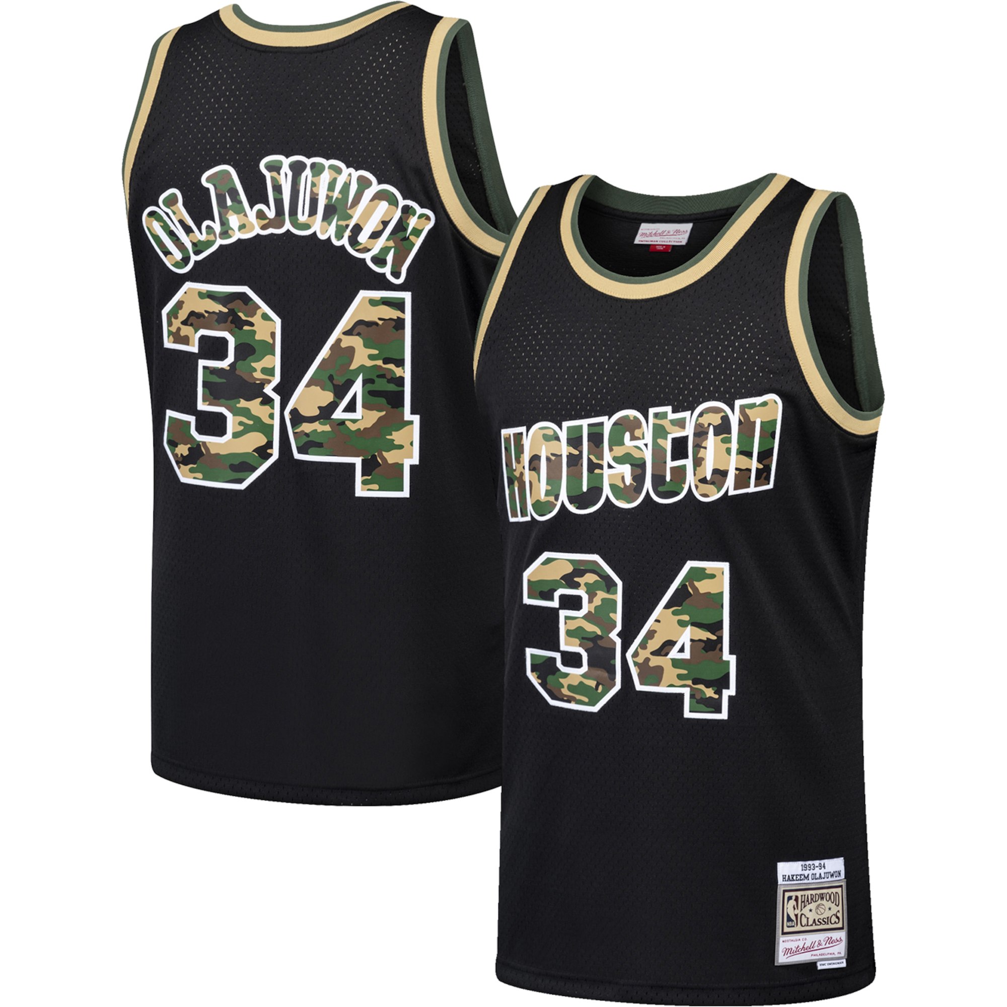 Rockets #34 Hakeem Olajuwon Black Mitchell & Ness Straight Fire Camo Swingman Jersey