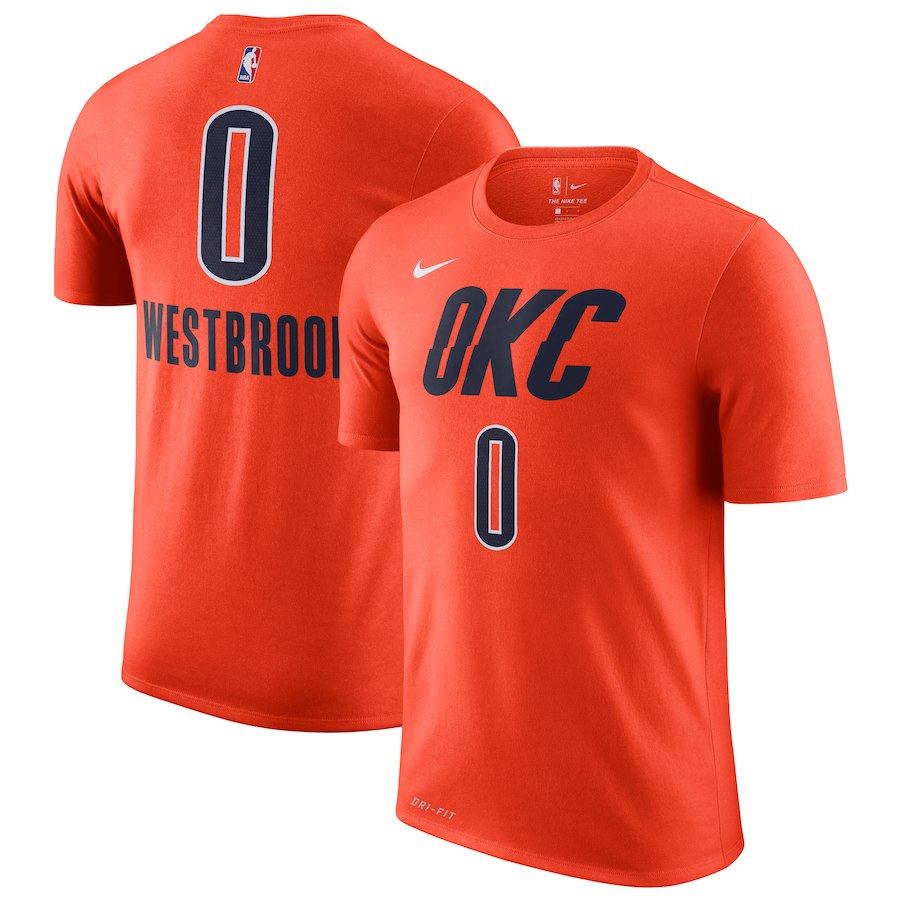 Men's Oklahoma City Thunder #0 Russell Westbrook Orange Nike Earned Edition Name & Number T-Shirt - Click Image to Close