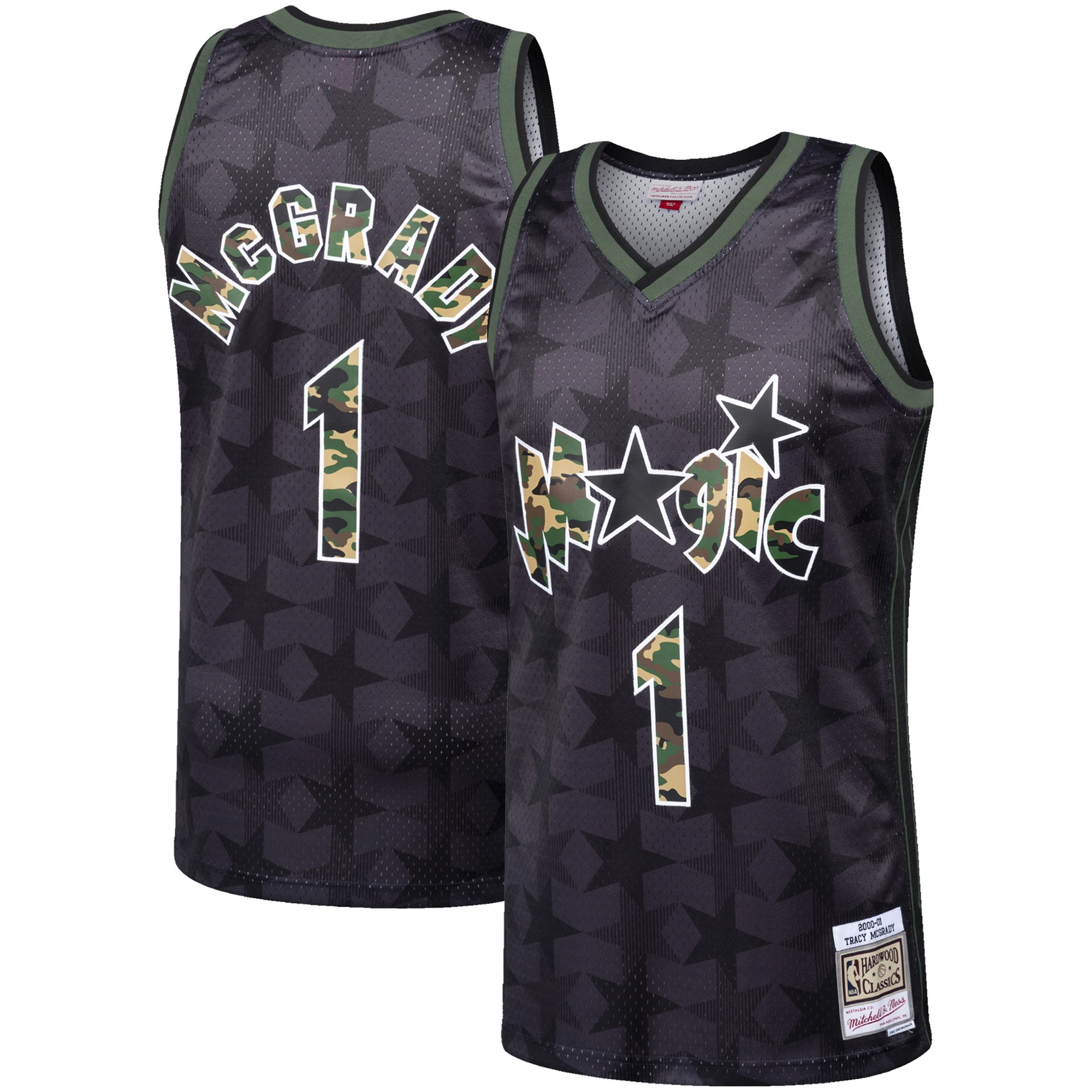 Magic #1 Tracy McGrady Black Mitchell & Ness Straight Fire Camo Swingman Jersey