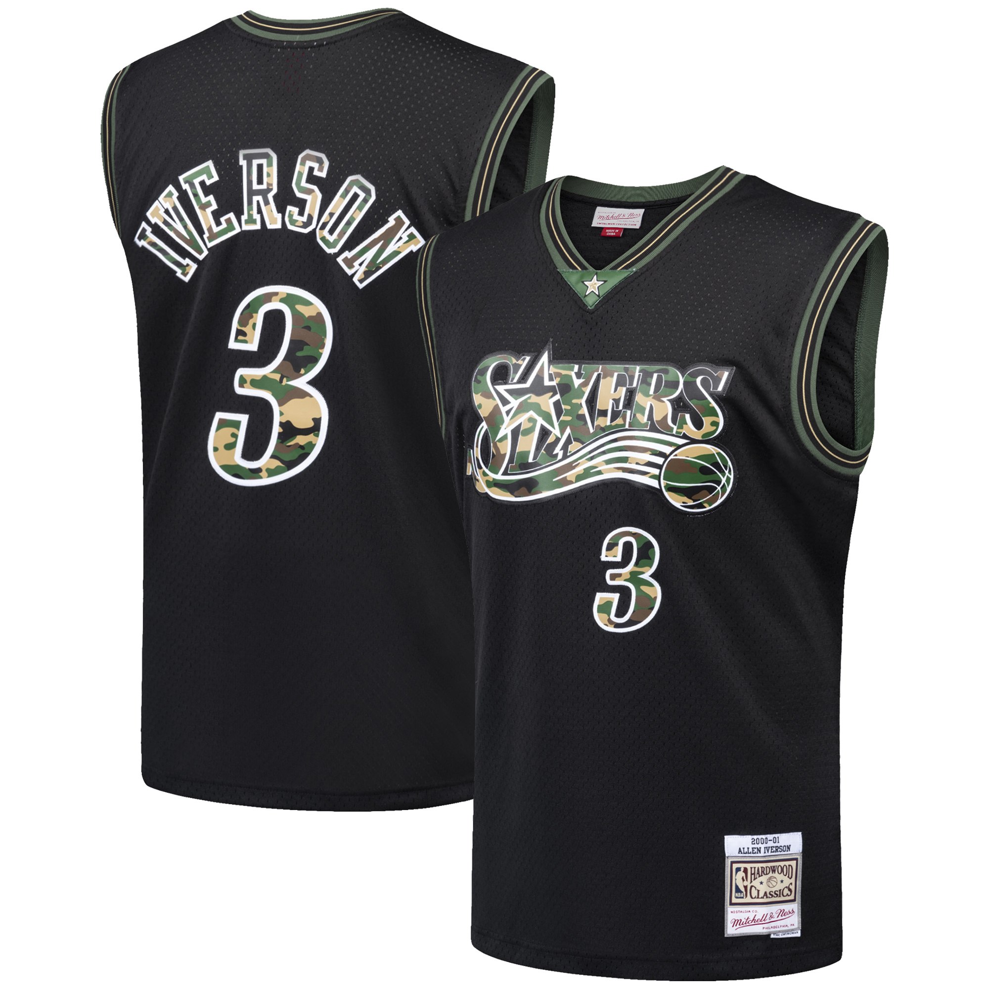 76ers #3 Allen Iverson Black Mitchell & Ness Straight Fire Camo Swingman Jersey