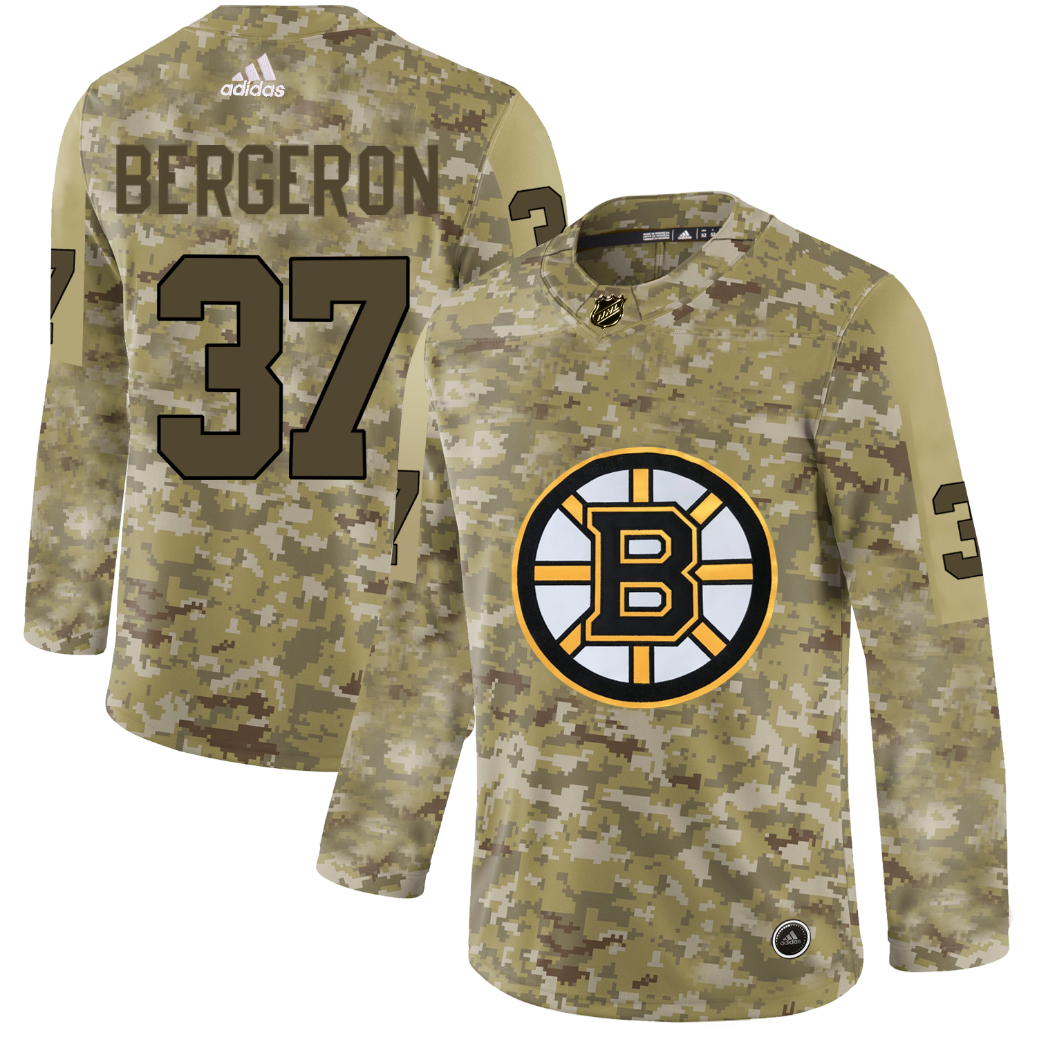 Adidas Bruins #37 Patrice Bergeron Camo Authentic Stitched NHL Jersey - Click Image to Close