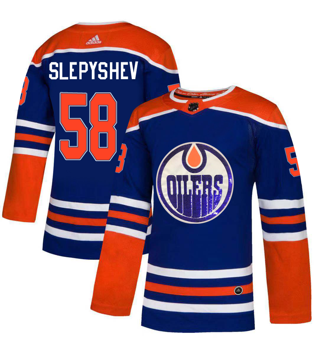 Adidas Oilers #58 Anton Slepyshev Royal Blue Sequin Embroidery Fashion Stitched NHL Jersey - Click Image to Close