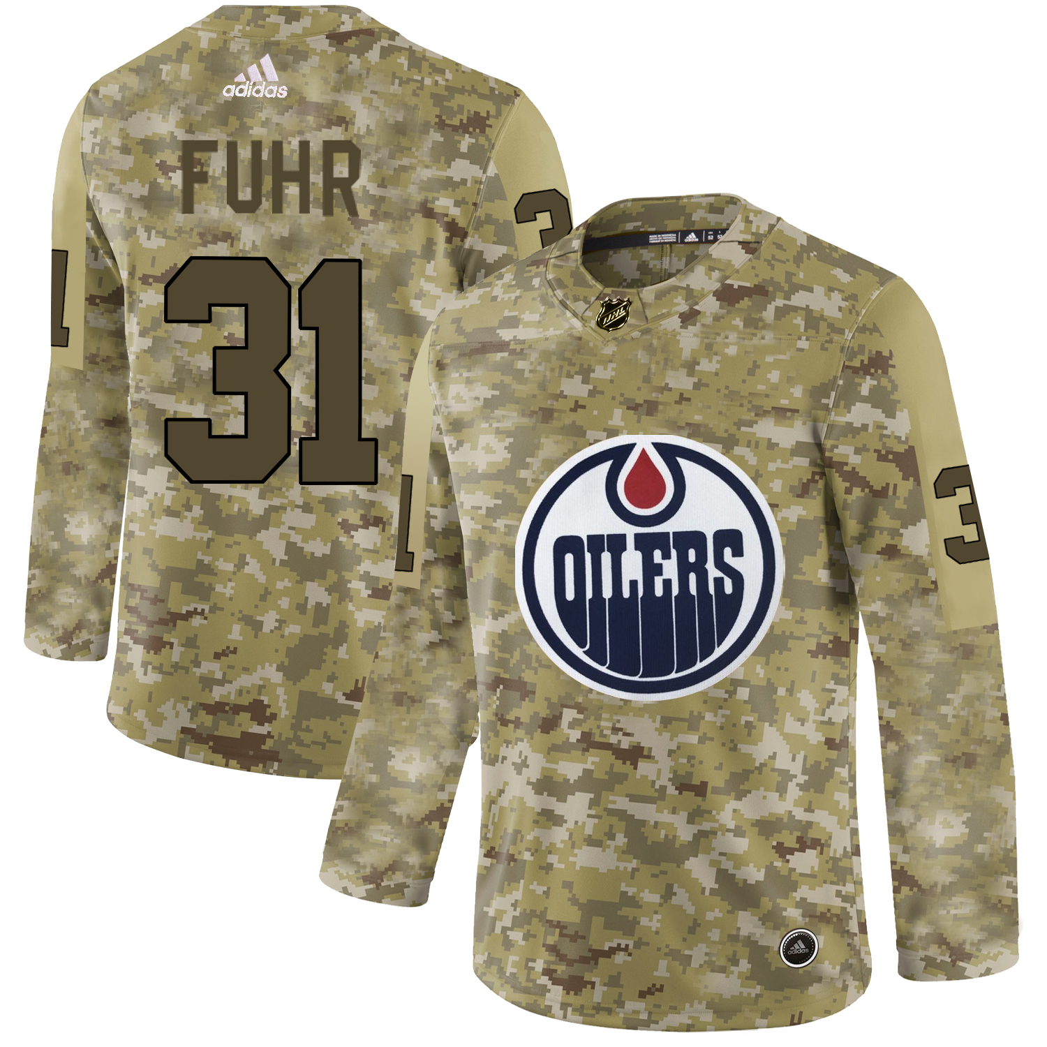 Adidas Oilers #31 Grant Fuhr Camo Authentic Stitched NHL Jersey - Click Image to Close