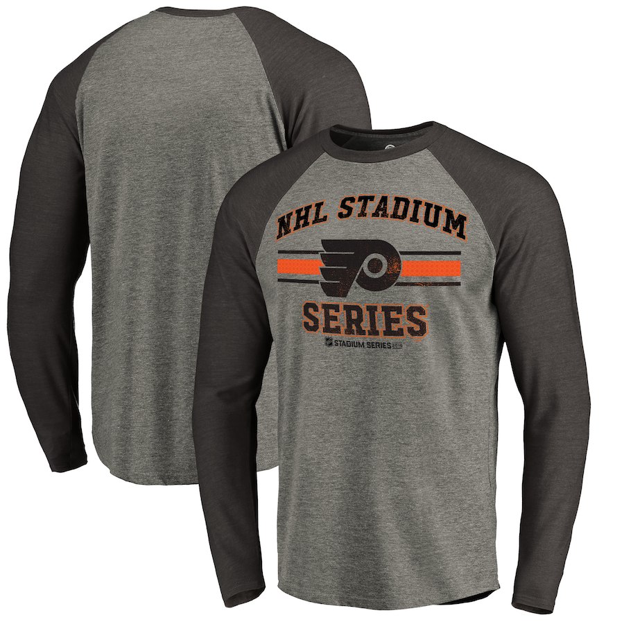 Men's Philadelphia Flyers Heather Gray Black 2019 Stadium Series Vintage Raglan Long Sleeve T-Shirt