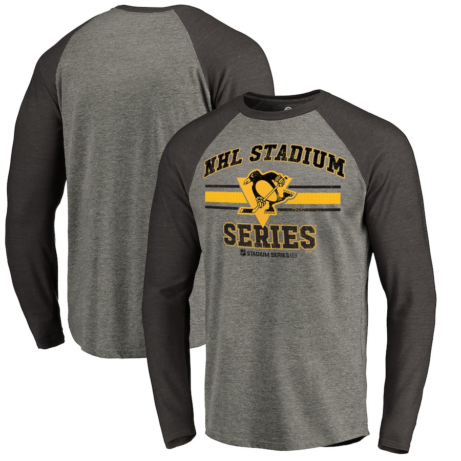 Men's Pittsburgh Penguins Heather Gray Black 2019 Stadium Series Vintage Raglan Long Sleeve T-Shirt