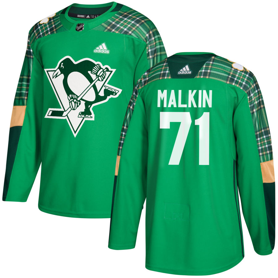 Adidas Penguins #71 Evgeni Malkin adidas Green St. Patrick's Day Authentic Practice Stitched NHL Jersey - Click Image to Close