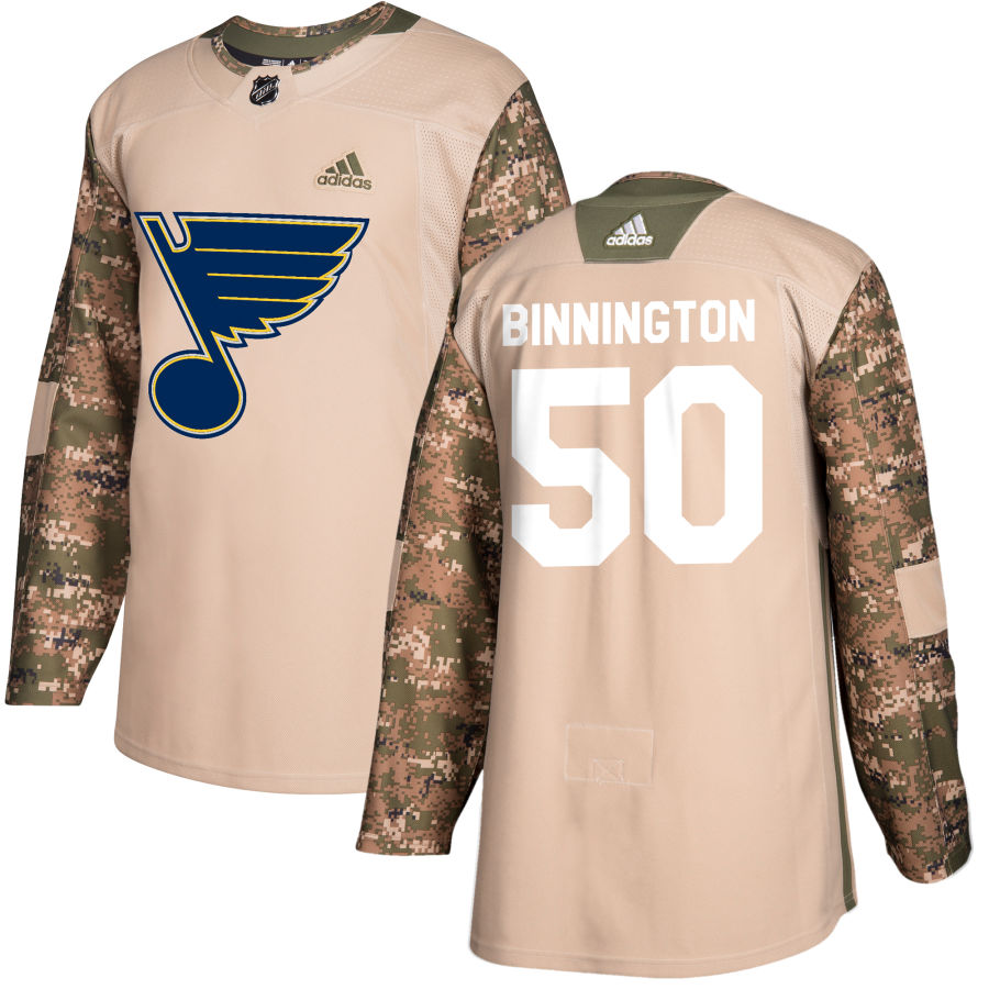 Adidas Blues #50 Jordan Binnington Camo Authentic 2017 Veterans Day Stitched NHL Jersey