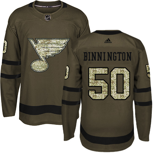 Adidas Blues #50 Jordan Binnington Green Salute To Service Stitched NHL Jersey