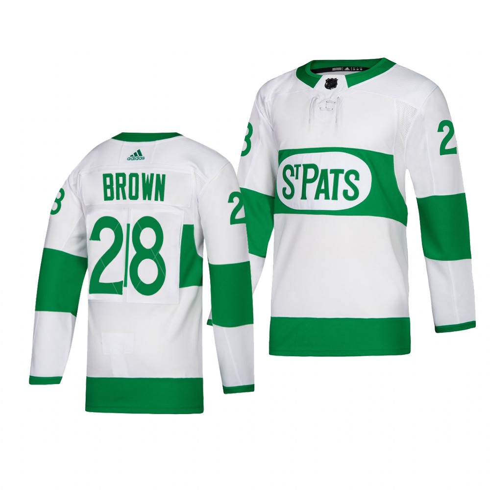 Maple Leafs #28 Connor Brown adidas White 2019 St. Patrick's Day Authentic Player Stitched NHL Jersey - Click Image to Close