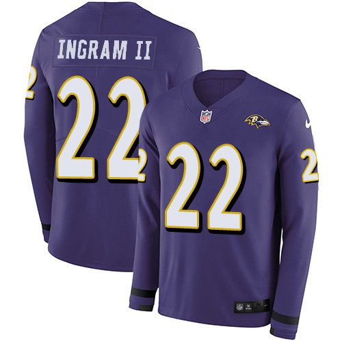 Nike Ravens #22 Mark Ingram Purple Team Color Men's Stitched NFL Limited Therma Long Sleeve Jersey