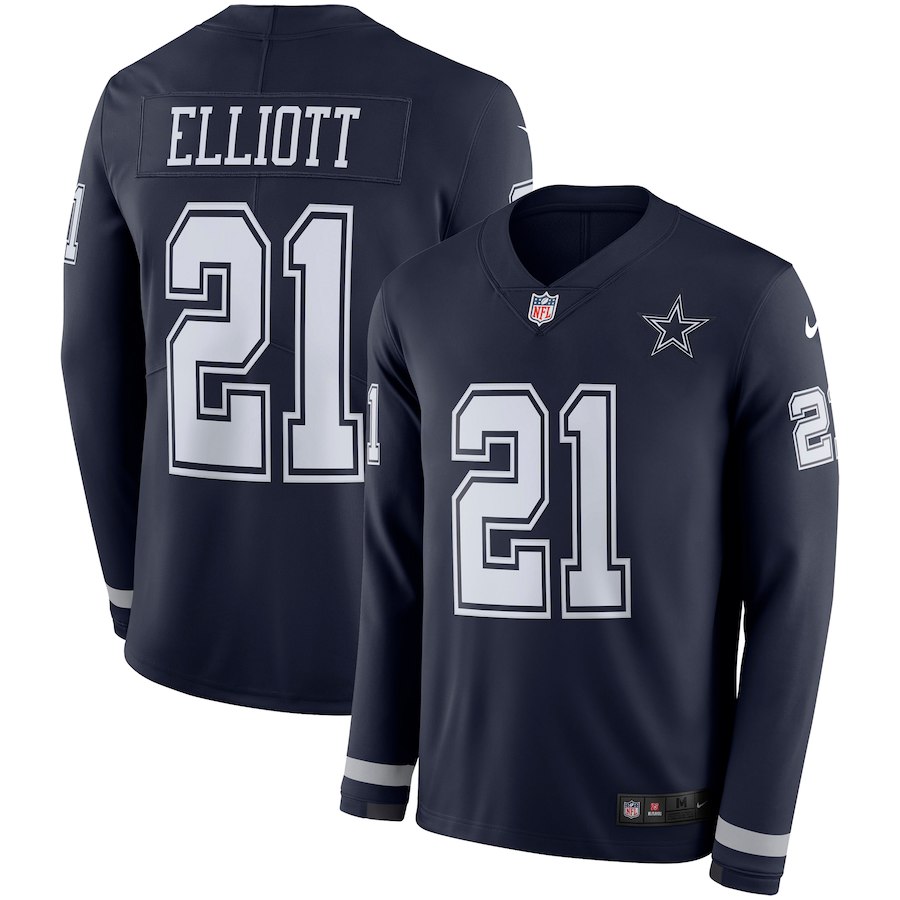 Men's Cowboys #21 Ezekiel Elliott Navy Blue Team Color Men's Stitched NFL Limited Therma Long Sleeve Jersey - Click Image to Close