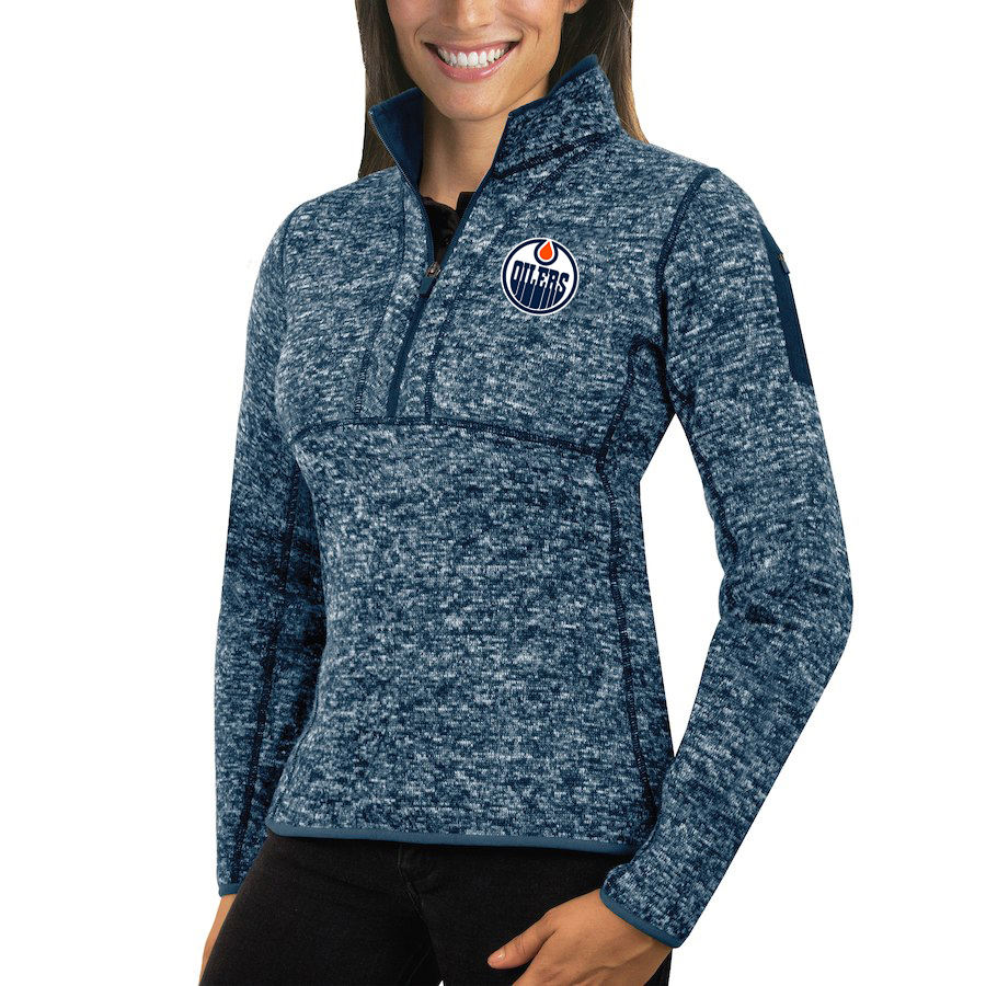 Edmonton Oilers Antigua Women's Fortune 1/2-Zip Pullover Sweater Royal - Click Image to Close