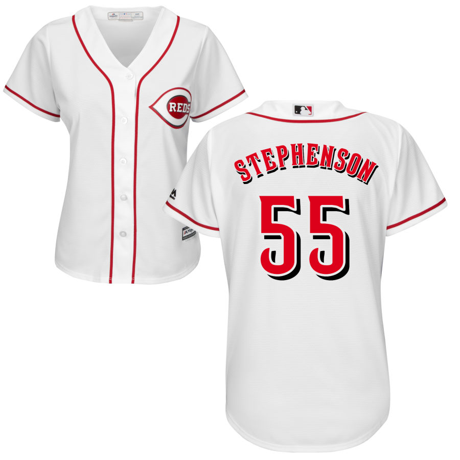 Cincinnati Reds #55 Robert Stephenson Majestic Women's Home Cool Base Jersey White - Click Image to Close