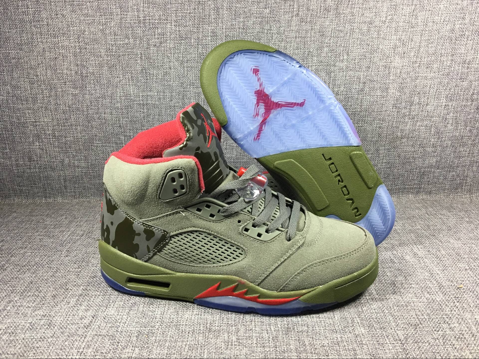 Men's 2017 Air Jordan 5 "Camo" Olive-Grey/Fire Red Shoes - Click Image to Close