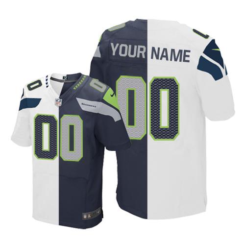 Nike Seattle Seahawks Customized White/Steel Blue Men's Stitched Elite Split Jersey