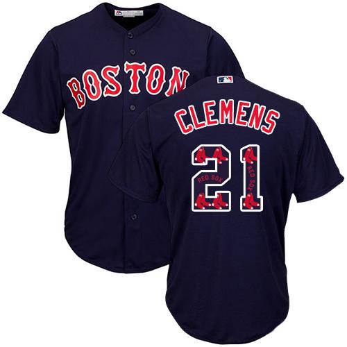 Red Sox #21 Roger Clemens Navy Blue Team Logo Fashion Stitched MLB Jersey - Click Image to Close