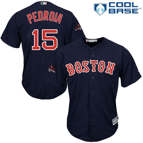 Red Sox #15 Dustin Pedroia Navy Blue New Cool Base 2018 World Series Champions Stitched MLB Jersey