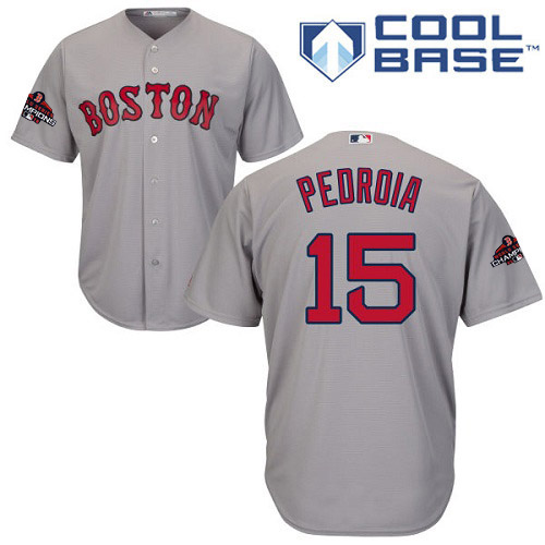 Red Sox #15 Dustin Pedroia Grey New Cool Base 2018 World Series Champions Stitched MLB Jersey