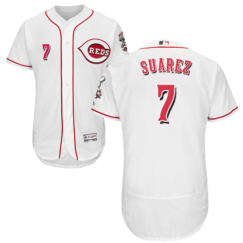 Reds #7 Eugenio Suarez White Flexbase Authentic Collection Stitched MLB Jersey - Click Image to Close