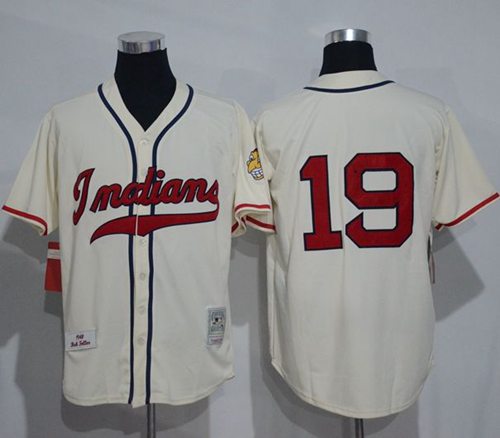 Mitchell And Ness 1948 Indians #19 Bob Feller Cream Stitched Throwback MLB Jersey