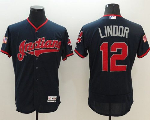 Indians #12 Francisco Lindor Navy Blue Fashion Stars & Stripes Flexbase Authentic Stitched MLB Jersey - Click Image to Close