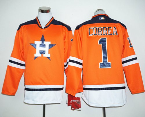 Astros #1 Carlos Correa Orange Long Sleeve Stitched MLB Jersey