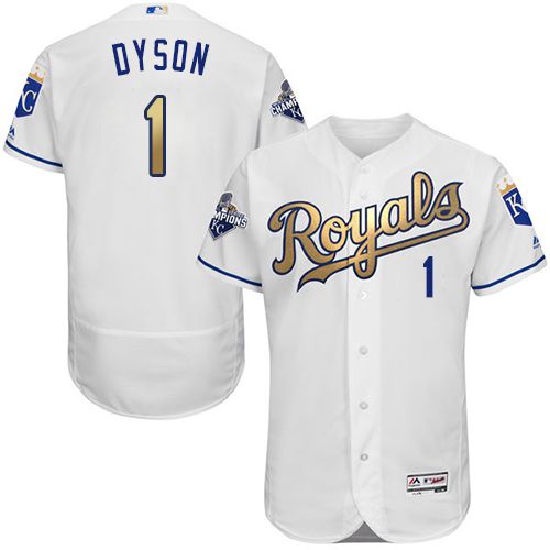 Royals #1 Jarrod Dyson White 2015 World Series Champions Gold Program FlexBase Authentic Stitched MLB Jersey - Click Image to Close