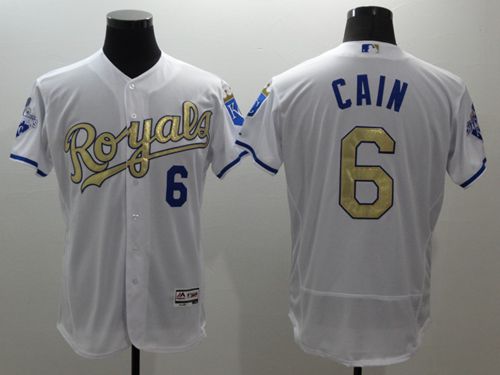 Royals #6 Lorenzo Cain White 2015 World Series Champions Gold Program FlexBase Authentic Stitched MLB Jersey