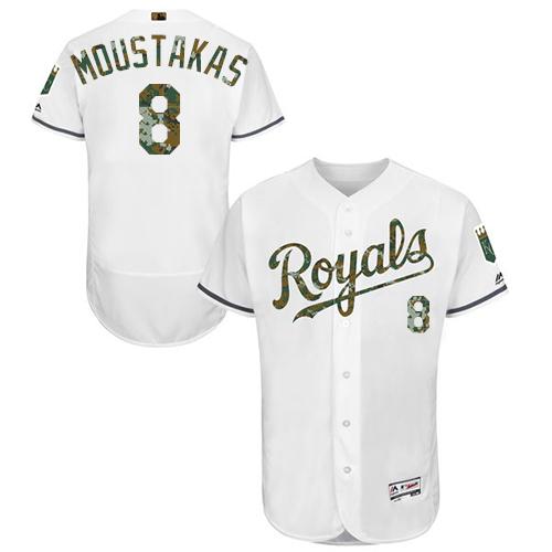 Royals #8 Mike Moustakas White Flexbase Authentic Collection Memorial Day Stitched MLB Jersey - Click Image to Close