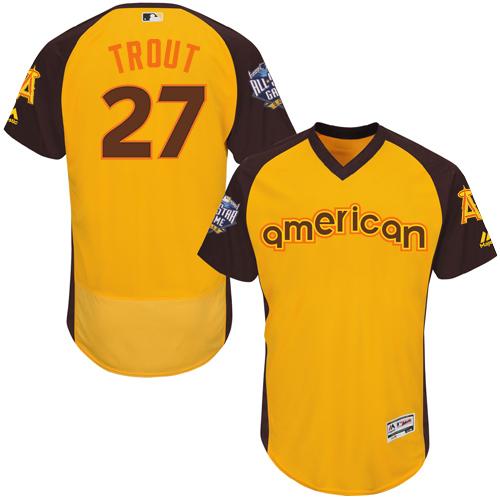 Angels of Anaheim #27 Mike Trout Gold Flexbase Authentic Collection 2016 All-Star American League Stitched MLB Jersey - Click Image to Close