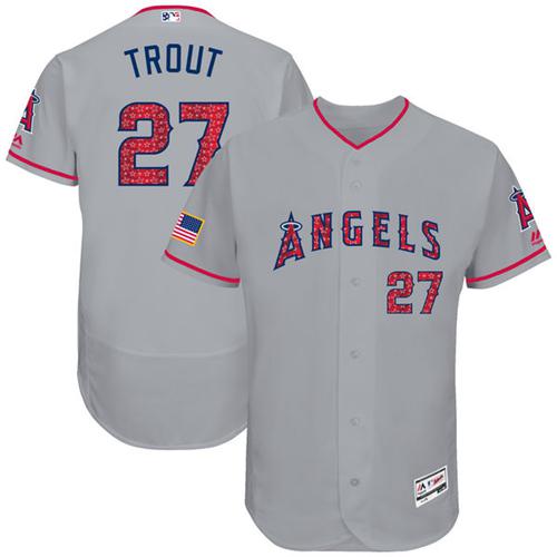 Angels of Anaheim #27 Mike Trout Grey Fashion Stars & Stripes Flexbase Authentic Stitched MLB Jersey - Click Image to Close