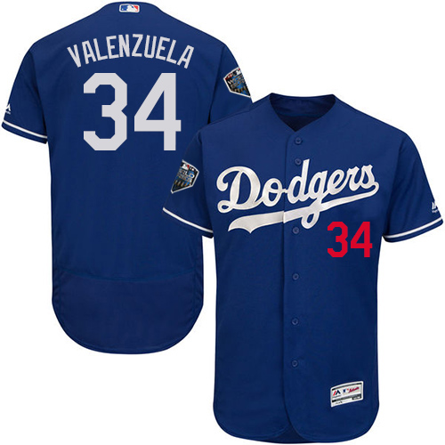 Dodgers #34 Fernando Valenzuela Blue Flexbase Authentic Collection 2018 World Series Stitched MLB Jersey - Click Image to Close