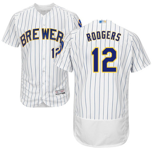 Brewers #12 Aaron Rodgers White Strip Flexbase Authentic Collection Stitched MLB Jersey - Click Image to Close