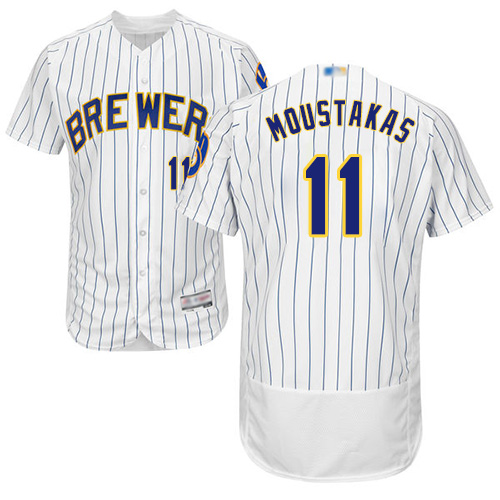 Brewers #11 Mike Moustakas White Strip Flexbase Authentic Collection Stitched MLB Jersey