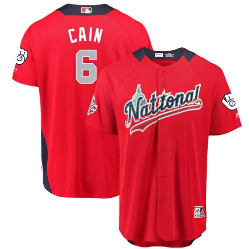 Brewers #6 Lorenzo Cain Red 2018 All-Star National League Stitched MLB Jersey - Click Image to Close