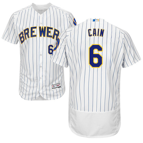 Brewers #6 Lorenzo Cain White Strip Flexbase Authentic Collection Stitched MLB Jersey - Click Image to Close